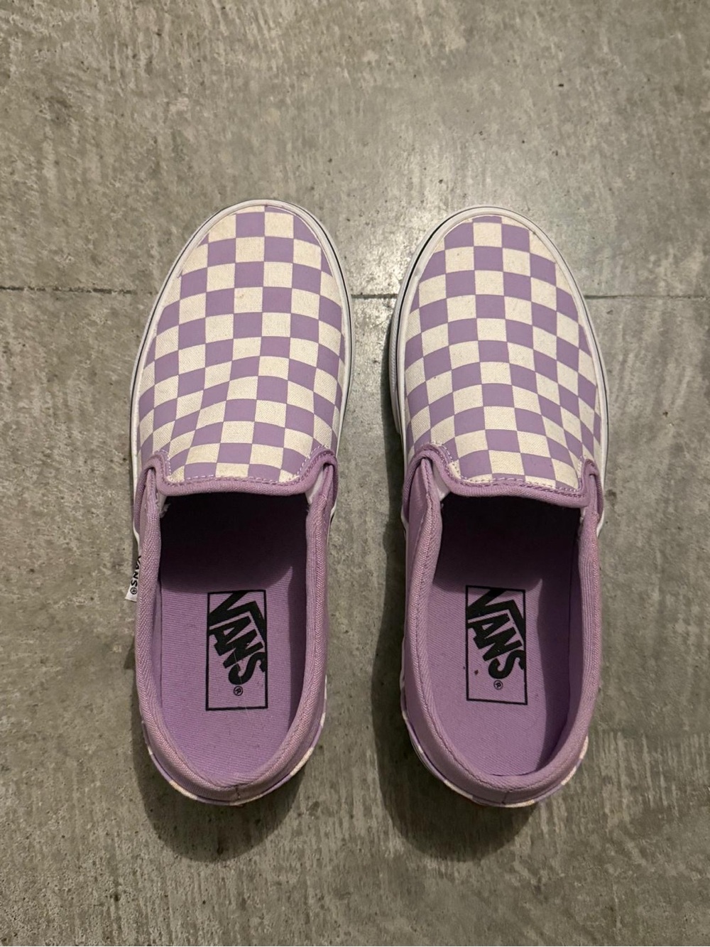 Vans Lavender and White Checkerboard Slip-On Sneakers